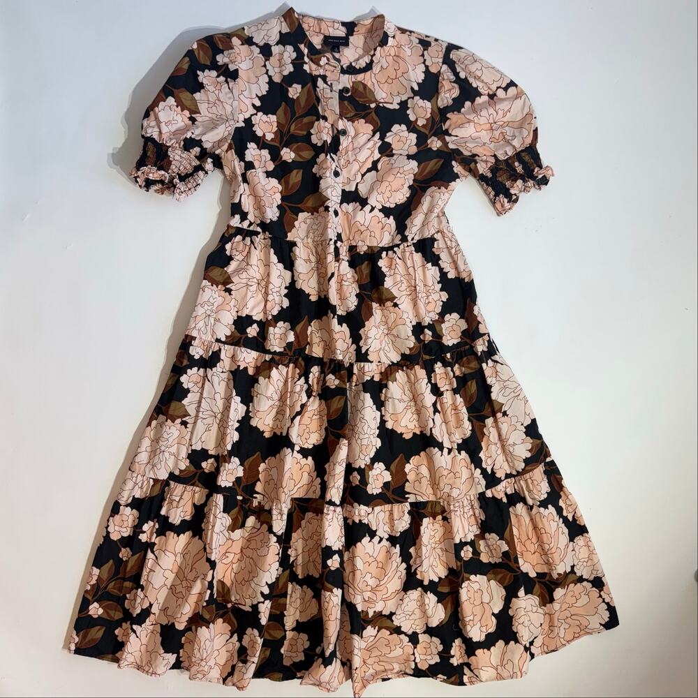 Who What Wear Black Pink Floral Print Tiered Cotton Midi Dress Women's S